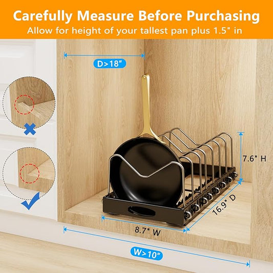 Pull Out Pots and Pans Organizer Under Cabinet, Sliding Lid Holder and Pan Rack in Kitchen, Slide Out inside Cabinet Storage for Pot Lid, Bakeware, Dishes, Pots and Pans Organizer, 1 Pack Black