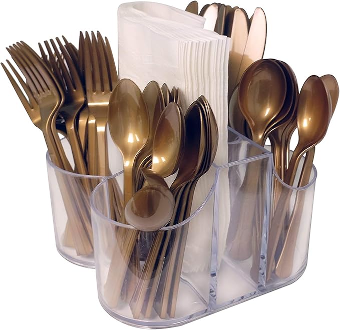 Home Collection 5 Compartment Classic Acrylic Napkin Holder with Cutlery Organizer Caddy Bin, For Spoons, Forks, Knives & Cups Divided Storage!