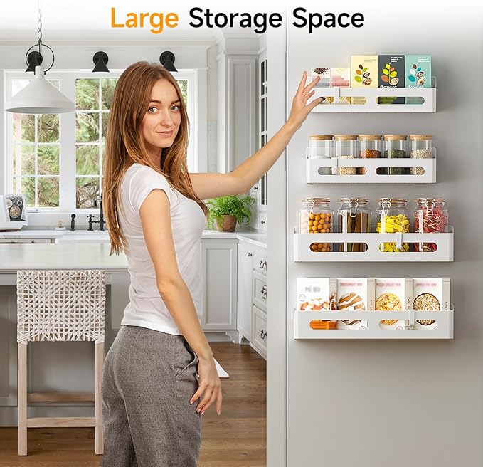 2 Pack Magnetic Spice Rack for Refrigerator, Spice Rack Organizer, Moveable Magnetic Shelf Fridge Organizer with 4 Hooks for Kitchen and Oven Organization, White