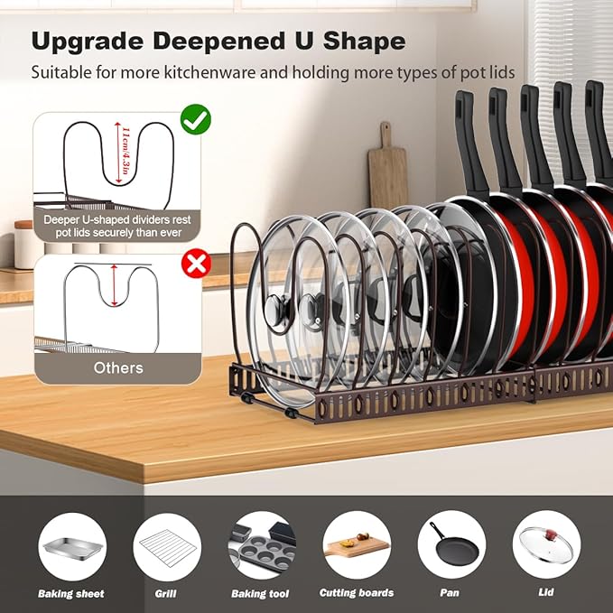 Pot and Pan Organizer Rack for Cabinet, Expandable Pot Lid Organizer with 14 Adjustable Dividers, Pan Holder Storage Rack for Kitchen Cabinet, Bronze