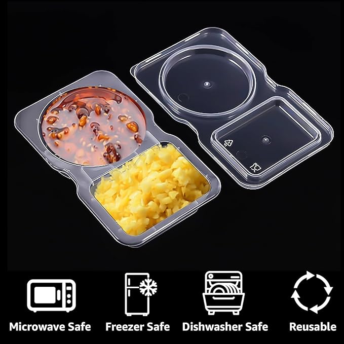 7-Pack Reusable Double Compartment Condiment Containers with Lids - Leak-Proof 2-Section Disposable Snack Cups for Sauce, Dips, Sampling & Travel Portions