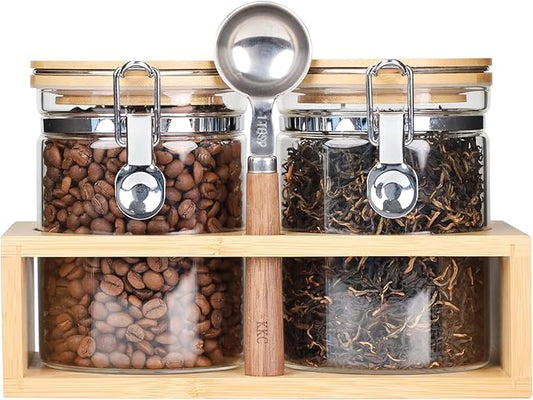 KKC HOME ACCENTS Airtight Borosilicate Glass Loose Leaf Tea & Coffee Beans Storage Jars with Bamboo Clamp Lid & Scoop - Glass Storage Canisters for Brown Sugar, Matcha, Pantry Organization - 27 Fl.Oz