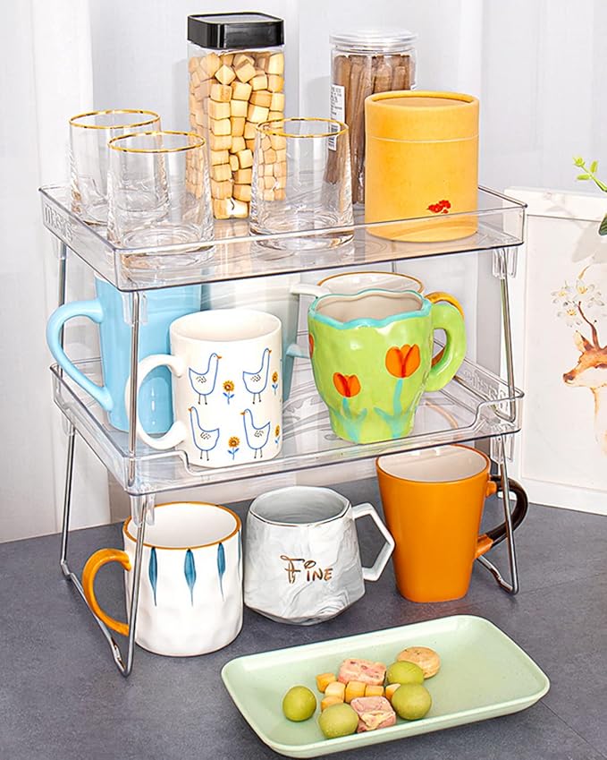 Kitchen Stackable Shelves 2Pack, Cabinet Storage Shelf Rack, Foldable Countertop Shelf Organizer for Kitchen, Bedroom and Bathroom, Cabinet Storage Organization-Clear