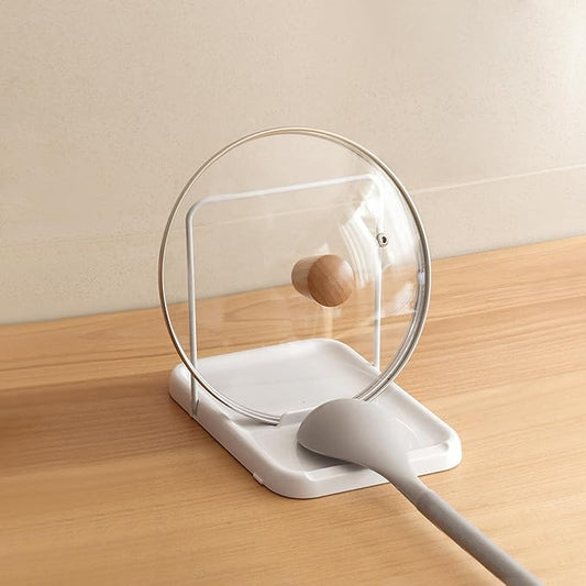 Pot Lid Holder, Spoon Holder for Stove, Foldable Pan Lid Organizer Stand with Nonslip Pads, Multifunctional Utensils Pan Pot Cover Lid Rack Shelf for Kitchen Counter, White