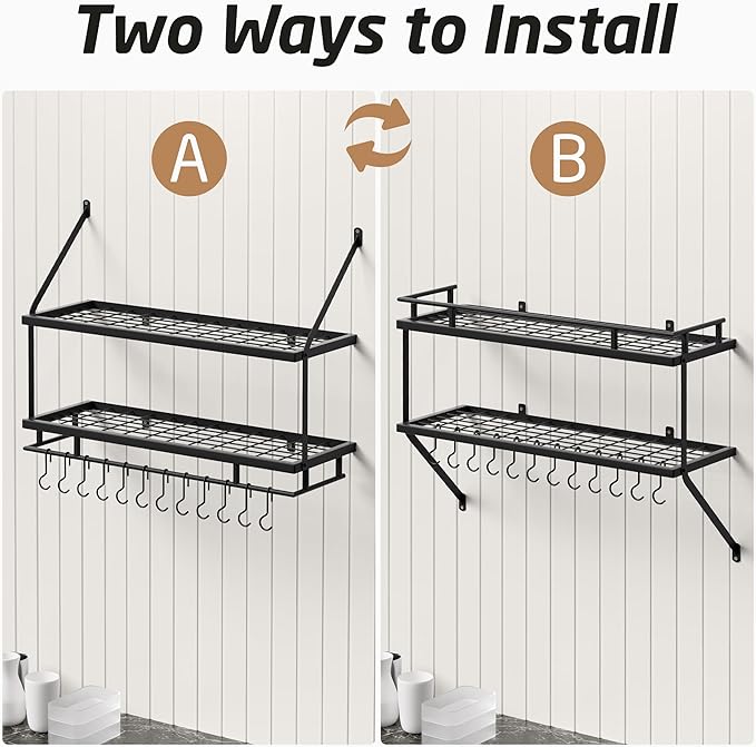 KES 30-Inch Kitchen Pot Rack - Mounted Hanging Rack for Kitchen Storage and Organization- Matte Black 2-Tier Wall Shelf for Pots and Pans Organizer with 12 Hooks - KUR215S75B-BK