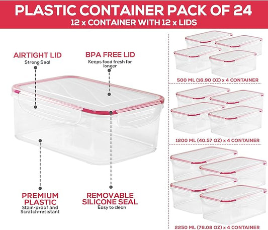 Utopia Kitchen Plastic Food Storage Container Set with Airtight Lids - 24 Pieces (12 Containers & 12 Snap Lids)- Reusable & Leftover Lunch Boxes - Leak Proof & Microwave Safe