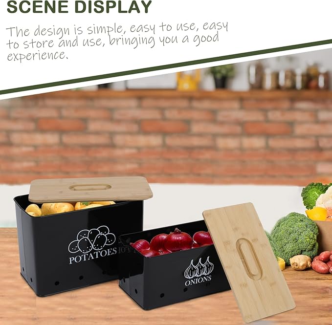 Potato Onion Kitchen Storage Canisters,Storage Bin For Kitchen 2 Pack Set,potatoe, Potato Storage Box，storage And Long Shelf Life With Aerating Tin Storage Holes-Black