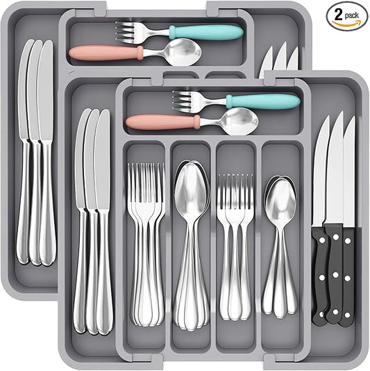 Lifewit Silverware Drawer Organizer, Expandable BPA Free Utensil Tray for Kitchen, Adjustable Flatware and Cutlery Holder for Spoons Forks Knives, Plastic Kitchen Organizers and Storage, Grey