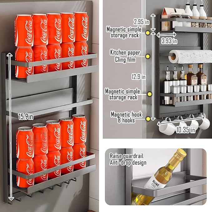 Magnetic Spice Rack For Refrigeratorwith 8-Hook，Magnetic Paper Towel Holder ，with Strong Adhesion, Rust-Proof & Space-Saving Design for Kitchen, Bathroom
