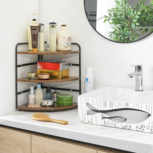 IBUYKE Corner Shelf, Kitchen Counter Organizer, Spice Rack, Bathroom Vanity Trays, 3-Tier Bedside Shelf for Small Spaces,Cosmetic Storage Perfume Holder, Adjustable Height, Rustic Brown, TWJ002H