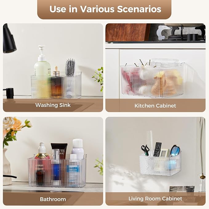 2 Pack Adhesive Spice Rack Wall Mount, 8.1" x 4.5" x 4.3", Cabinet Door Organizer Clear Acrylic Shelf, No-Drilling Small Hanging Basket for Kitchen Pantry, Shower Caddy for Bathroom