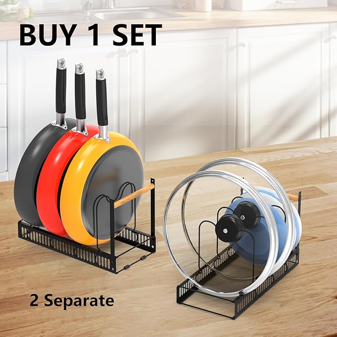 2024 Pots and Pans Organizer Under Cabinet Wood Handle, Expandable Pot Lid Organizer Pot Racks for Cabinet Pot Lid Holders 7 Adjustable Dividers for Pot, Bakeware, Cutting Board, Lid, Dishes