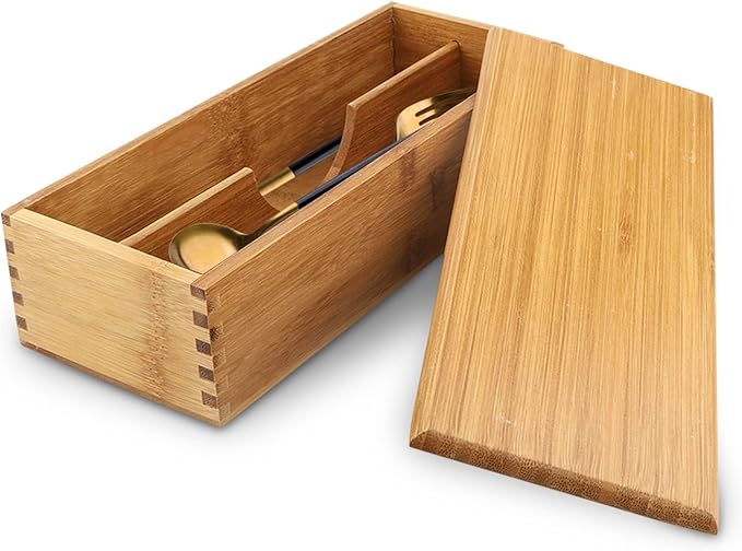 Cyrank Wooden Cutlery Box with Lid, Small Drawer Organizer Kitchen, Cutlery Organizer in Drawer for Spoon Utensil Chopsticks Box for Kitchen Countertop, 10.6x4.3x2.5inch