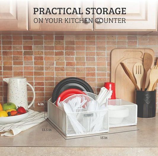 ELTOW Paper Plate Organizer for Countertop, 8 Compartment Breakroom Organizer, Utensil Caddy for Parties, Holds Plates, Silverware, Cups, Napkins, Cutlery Caddy Great for Home, RV - White
