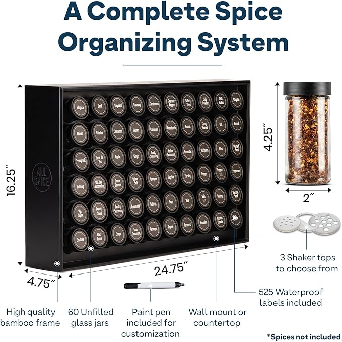AllSpice Wood Spice Rack Organizer, 525 Unique Labels, Countertop or Wall Mount, Includes 60 4oz Jars- Matte Black