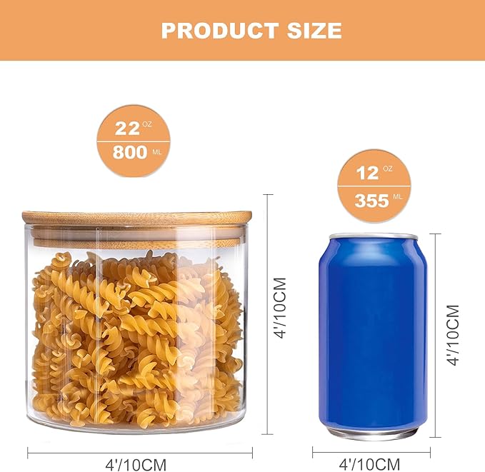 Glass Storage Jars 22oz [Set of 6],Clear Glass Food Storage Containers with Airtight Bamboo Lid Stackable Kitchen Canisters for Candy,Cookie,Rice,Sugar,Flour,Pasta,Nuts and Spice Jars