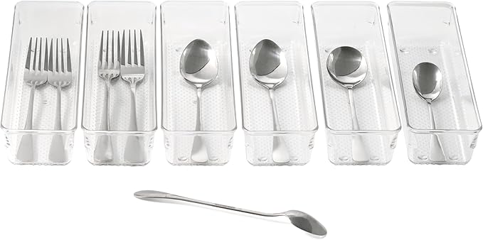 ihomecooker 6 Set Clear Plastic Junk Drawer Organizer Vanity Curlery Utensil Makeups Organizer for Kitchen 9''X 3''