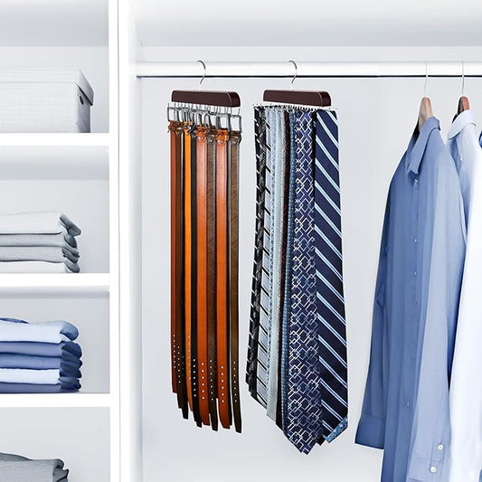 2 Pack Tie Rack & Belt Hanger 2 in 1 Tie Hanger Space Saving Max 42 Belts& 60 Ties Capacity for Closet Organizers and Storage, Sturdy Wood Belt & Tie Collection Organizer