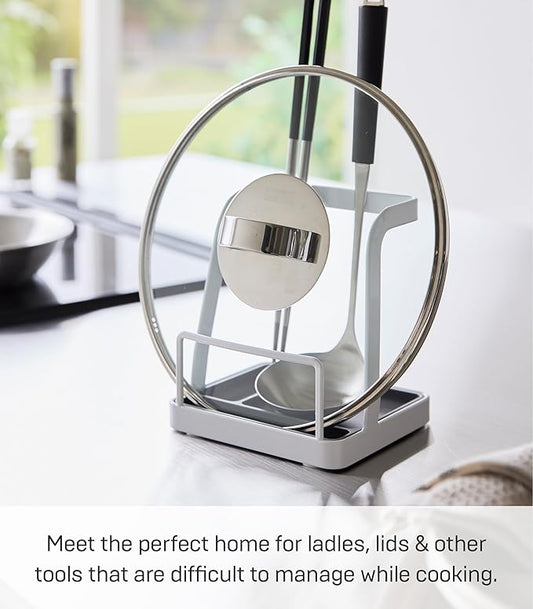 Yamazaki Home Tower Lid & Ladle Stand - Large, Kitchen Stand For Utensils, Lids, And Cookbooks, Heat-Resistant Kitchen Stand - Steel