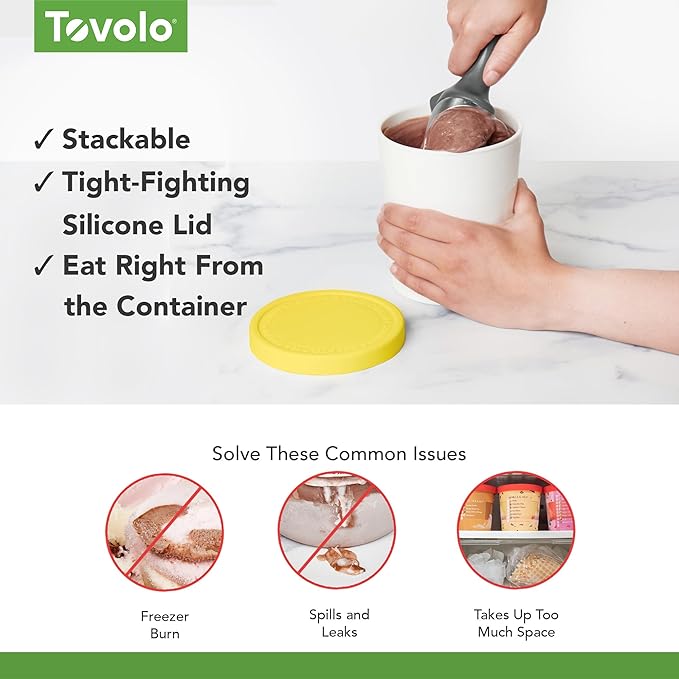 Tovolo Sweet Treat, Reusable Ice Cream Container for Homemade Ice Cream, Lemon - 1 Quart Stackable Storage Tubs with Silicone Lids for Freezer - BPA-Free & Dishwasher-Safe (Pack of 3)