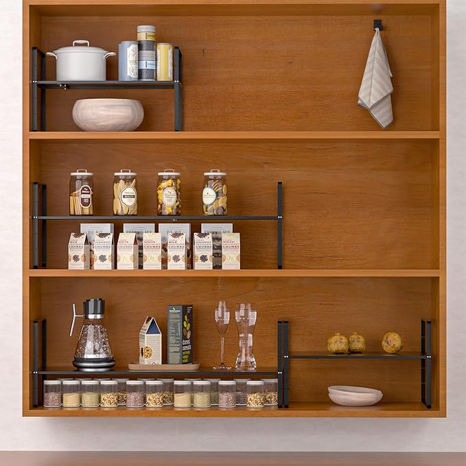Expandable Kitchen Cabinet Shelf Organizers 2 Pack, Stackable Metal Pantry Storage Shelves Rack, Adjustable Counter Shelf for Cabinets, Countertop, Cupboard Organizers and Storage, Black