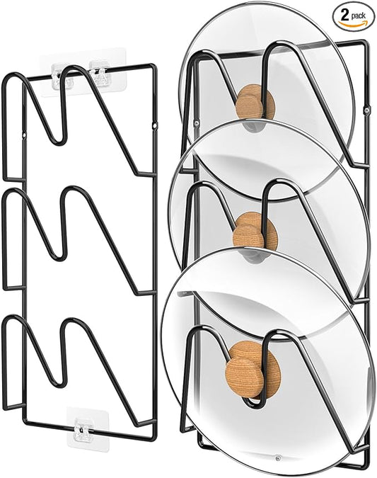 2-Pack Pot Lid Organizer, 6-Tier Pots & Pans Lid Holder Organizer for Cabinet or Wall/Door Kitchen Storage, No-Drill Adhesive Mount, Space-Saving Solution (Black)