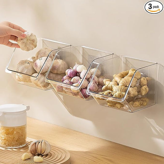 3-Pack Small Clear Storage Baskets, Adhesive Spice Rack Wall Mount for Countertop/Cabinet/Bathroom, Plastic Storage Bins Kitchen Wall Organizer and Storage Shelves, Spice Organizer