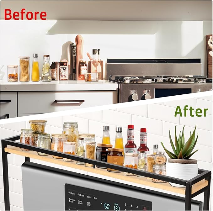 Stove Top Shelf - Over the Stove Shelf for Kitchen, 31.5" Countertop Spice Rack Organizer Shelf, Stove Shelf Kitchen Space Savers, Protective Lips and Metal Legs, Easy to Assemble