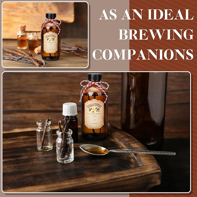 Uiifan 12 Pack Amber Glass Bottle Boston Round Bottles with Caps Brown Vanilla Extract Jars and 12 Pcs Vanilla Extract Stickers for Syrup Gift Glass Jar Food Storage Canister Set Sauce Beans(8 oz)