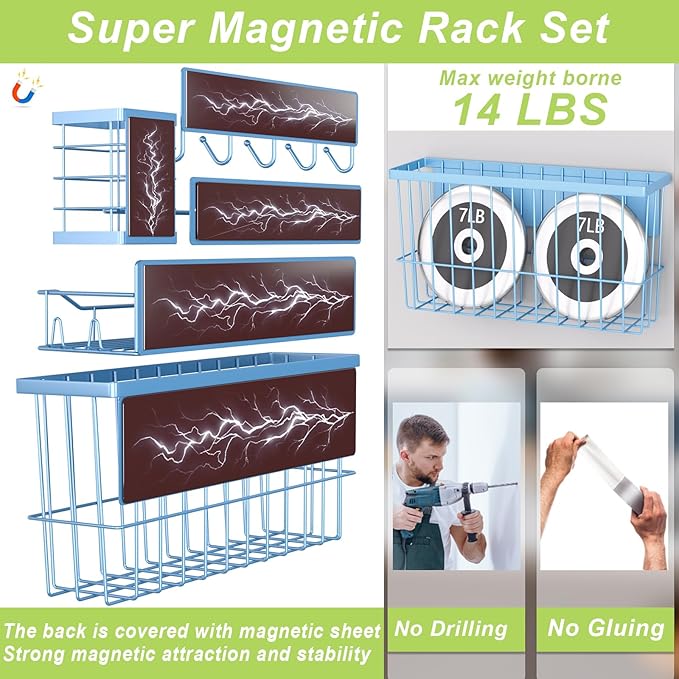Magnetic Spice Rack for Refrigerator, 7 Pack Magnetic Fridge Shelf for Kitchen Organization Storage, Moveable Spice Organizer W/Paper Towel Holder, Utensil Caddy, Cutting Board Rack (Blue)