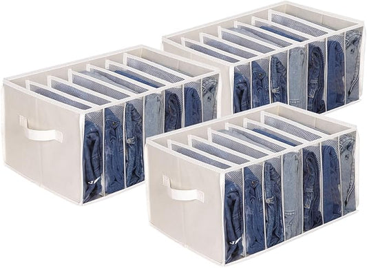 Zilink Upgraded Wardrobe Clothes Organizer with Support Board Clear Jean Organizers for Closet with 7 Grids Divider Extra Large Sweater Organizer for Closet for Jean Pant Sweaters T-Shirt,3 Pack,Beige