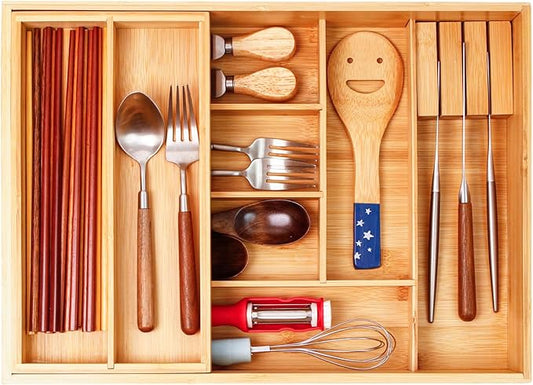 Double layer Bamboo Kitchen Drawer Organizer, Utensil Silverware Organizer, Cutlery Tray, With Slidable & Removable Utensil Tray, With Knife Holder, Flatware Organizer,Multi-use storage box