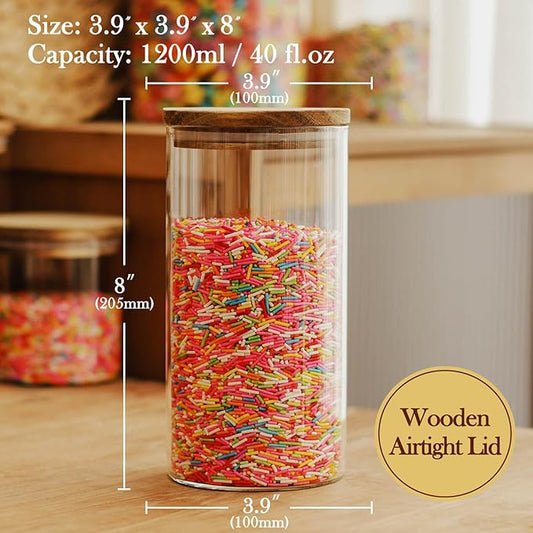 Labina Glass Storage Container Airtight Food Jars Kitchen Canister with Wood Lids, 40 Oz Wide Mouth Pantry Organization Glass Jar for Flour, Sugar, Cookie, Spagetti, Candy and Nuts