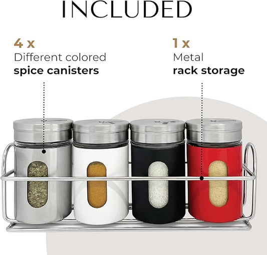 4 Pcs Stainless Steel Spice Seasoning Container Jars with Storage Rack, Perfect for Storing Spices, Salt, Pepper, Sugar and Dry Ingredients