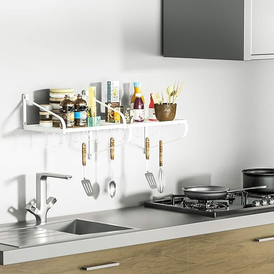 Love-KANKEI Pot Rack Wall Mounted Set of 2 Pan Pot Organizer Wall Shelves with 16 Hooks for Kitchen Cookware Utensils Organization White