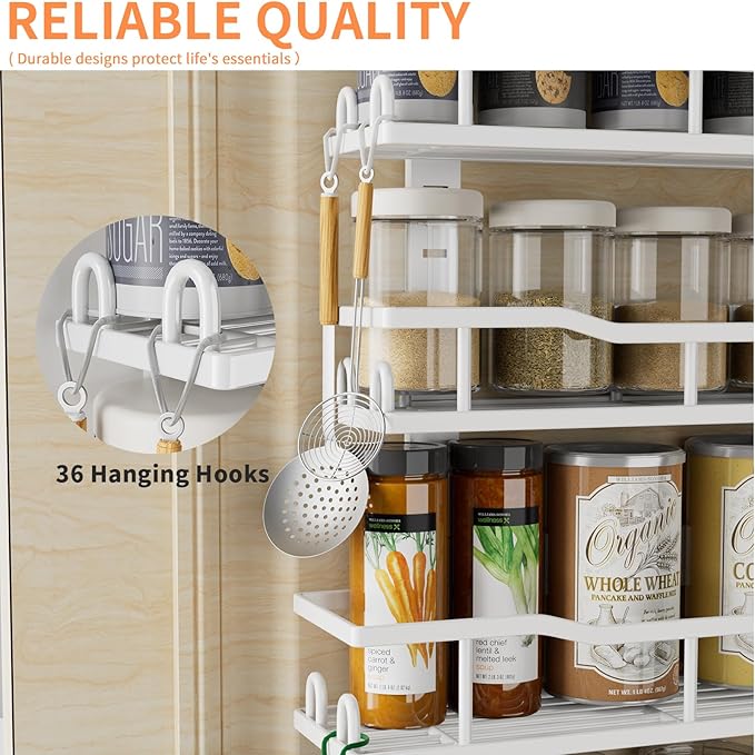 Over The Door Pantry Organizer, 9-Tier Over The Door Organizer with Adjustable Baskets, Metal Hanging Spice Rack for Pantry Organizers and Storage, Suitable for Kitchen Laundry Room & Bathroom, White