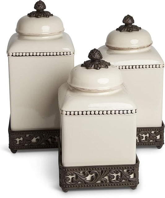 GG Collection Small Cream Ceramic Canister with Metal Base