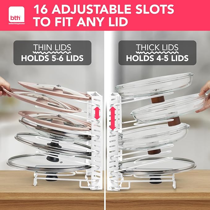 BTH Adjustable Pot Lid Organizer for Cabinet - Kitchen Storage Rack with 6 Adjustable Shelves, Pot Lid Holder, Pan and Pot Lid Storage, Perfect for Pantry & Inside Cabinet Organizer (White)