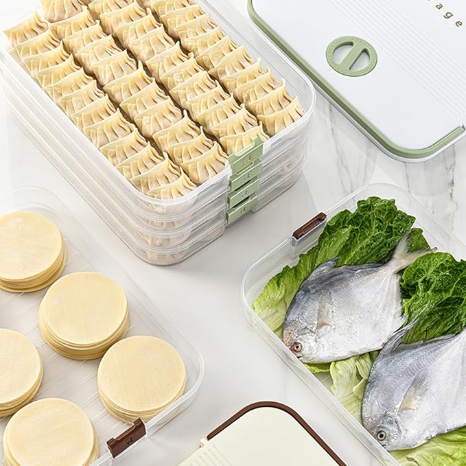 Dumplings Storage with 4 Layers, Stackable with Buckle, Lid & Handle for Cookies Wonton Donuts Box Organizer For Fridge, Milk-Brown