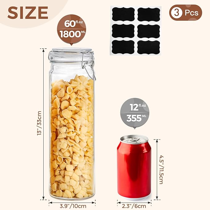 ComSaf 60oz Airtight Glass Jars Set of 3 with Lids Food Storage Jar Round - Tall Spaghetti Container with Clear Preserving Seal Wire Clip Fastening, Pasta jar for Kitchen Canning, Nut,Oat, Dry Goods