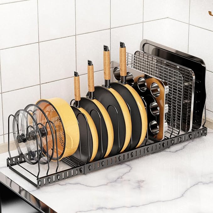 Pot And Pan Organizer Under Cabinet, Expandable Pans and Pots Organizer Rack Pot Lid Holder Shelf with 12 Different Size Dividers (12 Brackets-Black)