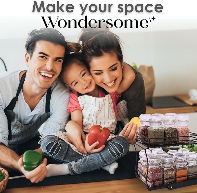 Wondersome Pull-Out Spice Rack Organizer for Cabinet Shelf - Matt Black - 2-Tier Kitchen Jars Organization and Storage Tray - EZ-Slide Rolling Drawer Wheels - Assembles in Moments - US-Based Brand