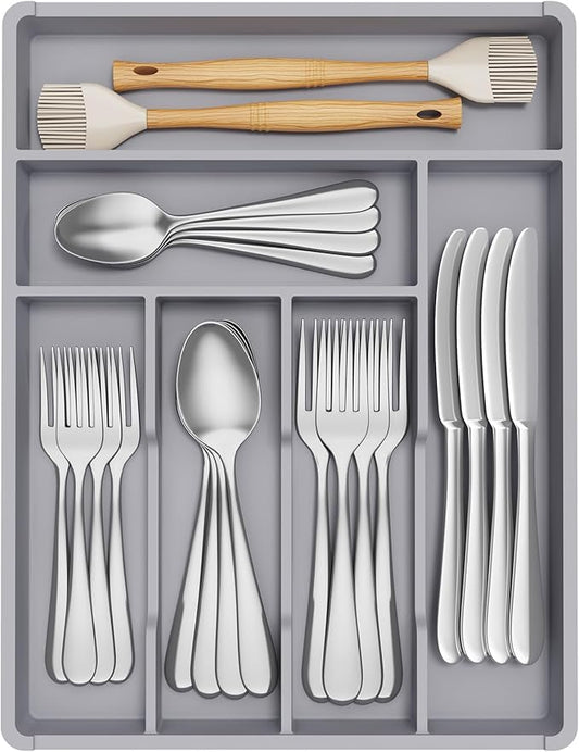 Lifewit Silverware Tray, Deep Wide Cutlery Drawer Organizer Storage for Kitchen, Plastic Flatware Utensil Holder Divider for Spoons Forks Knives Tableware, 6 Compartment, Gray