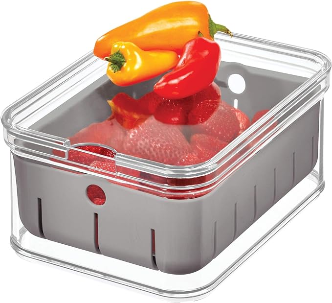 iDesign Recycled Plastic Crisp Produce Storage Containers with Lid and Colander Basket Designed to Keep Food Fresh Longer, 8.32” x 6.32” x 3.76”, Clear/Gray