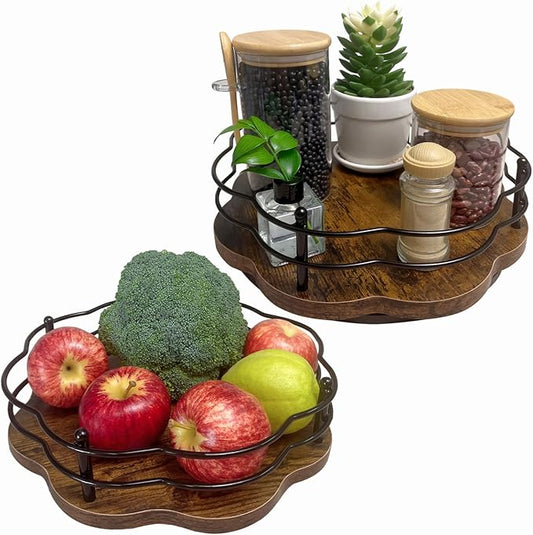2 Pack 11" and 12" Wood Lazy Susan Turntable with Higher Metal Guardrail 360° Rotating Lazy Susan Spice Rack Organizer for Cabinet Table Top Kitchen Countertop Dining Table Pantry Coffee Bar Storage