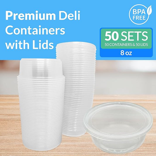 Reli. Deli Containers with Lids (50 Sets), 8 oz | Plastic Deli Containers with Lids 8oz | Disposable To Go Food Storage | Microwave & Freezer Safe (Clear)