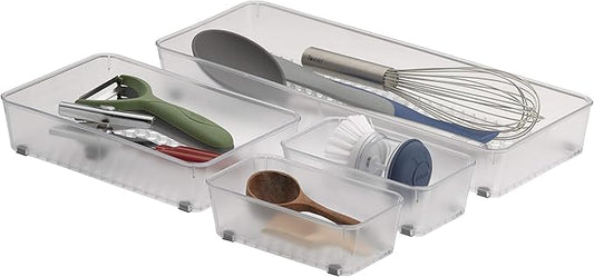 Spectrum HEXA In-Drawer Organizers Set of 4 (Clear Frost) - Drawer Storage for Bathroom, Jewelry, Makeup, Desk, Kitchen, Office, Utensils & More / Easy-to-Clean Trays