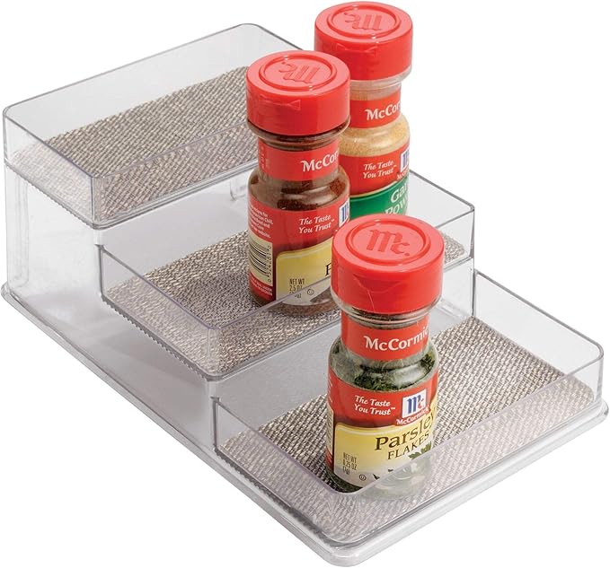 iDesign Twillo Plastic Stadium Spice Rack, 3-Tier Organizer for Kitchen Pantry, Cabinet, Countertops, Vanity, Office, Craft Room, 10.3" x 6" x 4", Metallico and Clear