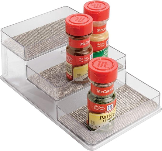iDesign Twillo Plastic Stadium Spice Rack, 3-Tier Organizer for Kitchen Pantry, Cabinet, Countertops, Vanity, Office, Craft Room, 10.3" x 6" x 4", Metallico and Clear