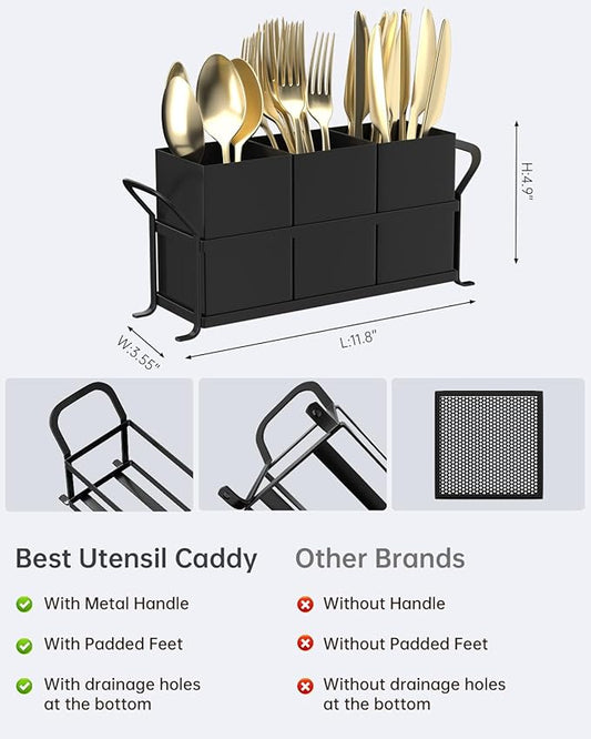 Silverware Caddy for Party - Black Utensil Holder for Kitchen Counter, Compact Metal Organizer for Flatware, Cutlery, Spoons, Forks, and Knives, Cute Small Farmhouse Container for Countertop